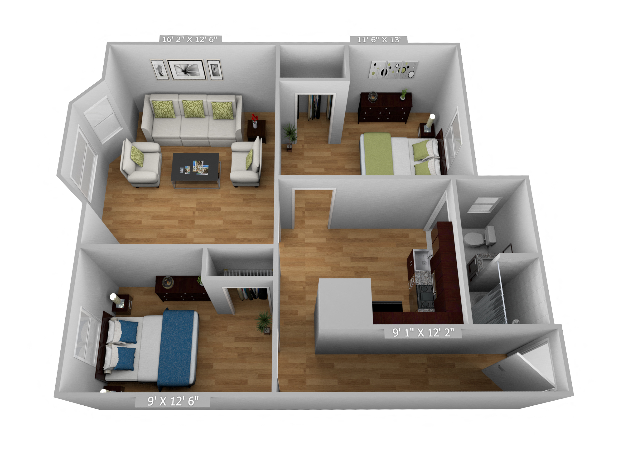 Floor plan for 2 beds, 1 bath, 730 sqft